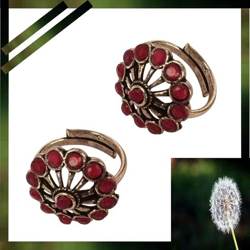 By Touchstone Indian Bollywood Beautiful Handcrafted Floral Workmanship Faux Ruby Ethnic Wearing Designer Jewelry Adjustable Toe Rings In Oxidized Silver Tone For Women. in Saudi Arabia