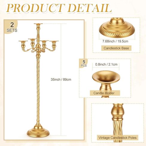Suclain 2 Pcs 35 Inch Tall Candelabra 5 Arm Gold Candelabra Wedding Candelabras Centerpieces Vintage Floor Standing Candle Holders for Home Living Room Dining Table Party Event Ceremony Decoration in Saudi Arabia
