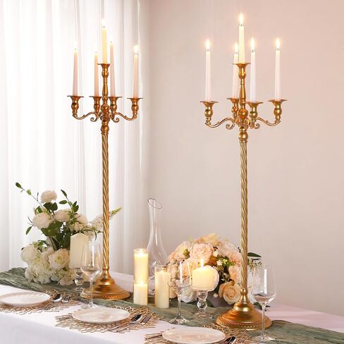 Suclain 2 Pcs 35 Inch Tall Candelabra 5 Arm Gold Candelabra Wedding Candelabras Centerpieces Vintage Floor Standing Candle Holders for Home Living Room Dining Table Party Event Ceremony Decoration in Saudi Arabia