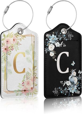 Set of 2 Luggage Tag for Suitcases Floral Letter W PU Leather Luggage Tag with Full Back Privacy Name ID Card Fun Laggage Tags in Saudi Arabia