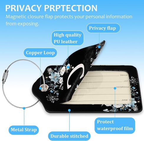 Set of 2 Luggage Tag for Suitcases Floral Letter W PU Leather Luggage Tag with Full Back Privacy Name ID Card Fun Laggage Tags in Saudi Arabia