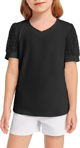 Haloumoning Girls T Shirts Kids Summer Swiss Dots Texture Sheer Puff Sleeves V Neck Blouse Tee Tops 5-14 Years in Saudi Arabia