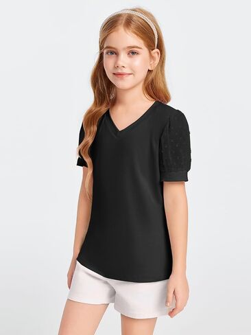 Haloumoning Girls T Shirts Kids Summer Swiss Dots Texture Sheer Puff Sleeves V Neck Blouse Tee Tops 5-14 Years in Saudi Arabia