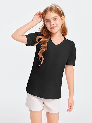 Haloumoning Girls T Shirts Kids Summer Swiss Dots Texture Sheer Puff Sleeves V Neck Blouse Tee Tops 5-14 Years in Saudi Arabia