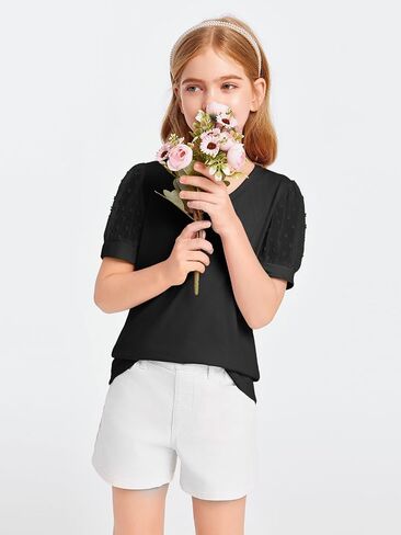 Haloumoning Girls T Shirts Kids Summer Swiss Dots Texture Sheer Puff Sleeves V Neck Blouse Tee Tops 5-14 Years in Saudi Arabia