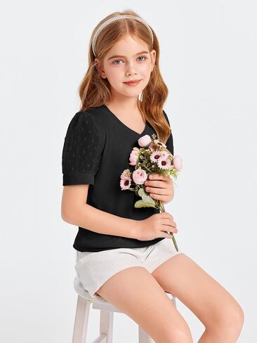 Haloumoning Girls T Shirts Kids Summer Swiss Dots Texture Sheer Puff Sleeves V Neck Blouse Tee Tops 5-14 Years in Saudi Arabia