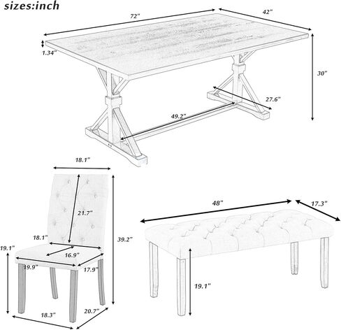 Dining Set for 6 Includes 4 Upholstered Chairs, Tufted Bench, Rectangular Cross-Legged Trestle Base, Farmhouse Style Kitchen Tables Solid Wood Furniture for Living Room,Espres, Espresso-6 in Kuwait
