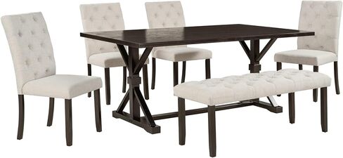 Dining Set for 6 Includes 4 Upholstered Chairs, Tufted Bench, Rectangular Cross-Legged Trestle Base, Farmhouse Style Kitchen Tables Solid Wood Furniture for Living Room,Espres, Espresso-6 in Kuwait