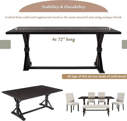Dining Set for 6 Includes 4 Upholstered Chairs, Tufted Bench, Rectangular Cross-Legged Trestle Base, Farmhouse Style Kitchen Tables Solid Wood Furniture for Living Room,Espres, Espresso-6 in Kuwait
