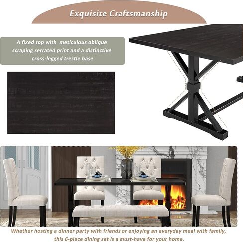 Dining Set for 6 Includes 4 Upholstered Chairs, Tufted Bench, Rectangular Cross-Legged Trestle Base, Farmhouse Style Kitchen Tables Solid Wood Furniture for Living Room,Espres, Espresso-6 in Kuwait