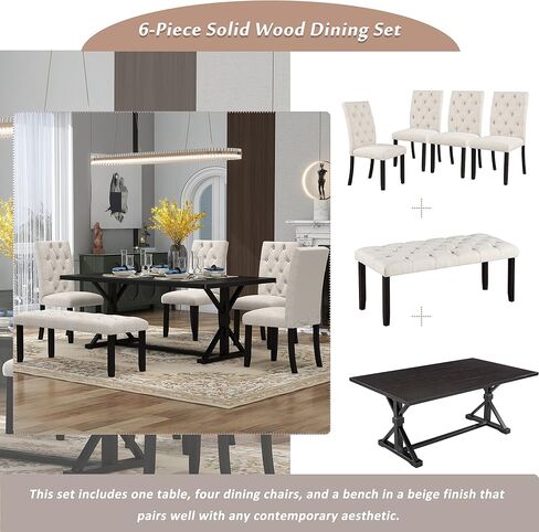 Dining Set for 6 Includes 4 Upholstered Chairs, Tufted Bench, Rectangular Cross-Legged Trestle Base, Farmhouse Style Kitchen Tables Solid Wood Furniture for Living Room,Espres, Espresso-6 in Kuwait
