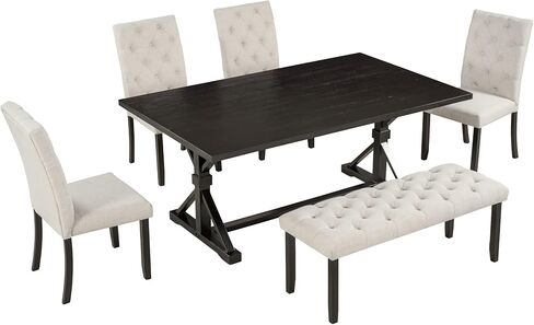 Dining Set for 6 Includes 4 Upholstered Chairs, Tufted Bench, Rectangular Cross-Legged Trestle Base, Farmhouse Style Kitchen Tables Solid Wood Furniture for Living Room,Espres, Espresso-6 in Kuwait