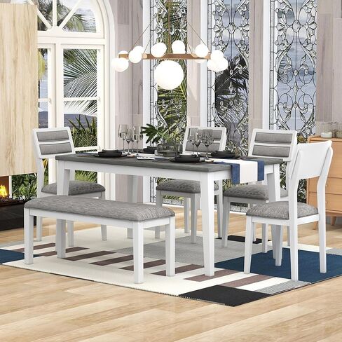 Piece, Classic Traditional Style Table, 4 Upholstered Chairs & Bench, Natural Finish | Kitchen & Dining Furniture Set for 6, White+Gray in Kuwait