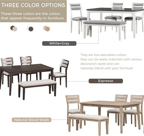 Piece, Classic Traditional Style Table, 4 Upholstered Chairs & Bench, Natural Finish | Kitchen & Dining Furniture Set for 6, White+Gray in Kuwait