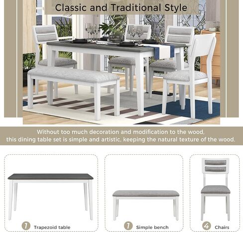 Piece, Classic Traditional Style Table, 4 Upholstered Chairs & Bench, Natural Finish | Kitchen & Dining Furniture Set for 6, White+Gray in Kuwait