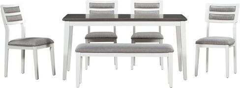 Piece, Classic Traditional Style Table, 4 Upholstered Chairs & Bench, Natural Finish | Kitchen & Dining Furniture Set for 6, White+Gray in Kuwait