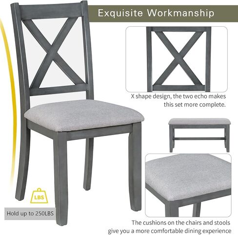 Piece Dining Foldable Multipurpose, 4 Chairs, Bench, X-Shaped Backrest, Solid Wood Table Sets for Small Spaces, Kitchen, Living Room Furniture, Gray-6 in Kuwait