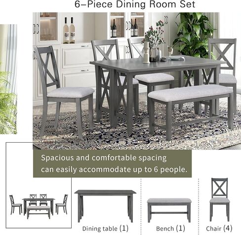 Piece Dining Foldable Multipurpose, 4 Chairs, Bench, X-Shaped Backrest, Solid Wood Table Sets for Small Spaces, Kitchen, Living Room Furniture, Gray-6 in Kuwait