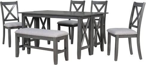 Piece Dining Foldable Multipurpose, 4 Chairs, Bench, X-Shaped Backrest, Solid Wood Table Sets for Small Spaces, Kitchen, Living Room Furniture, Gray-6 in Kuwait