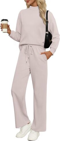 WIHOLL Two Piece Sets for Women Fall Outfits Lounge Sets Mock Neck Tops Wide Leg Pants Vacation Travel Airport Outfits in Saudi Arabia