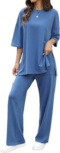 Womens 2 Piece Outfits Short Sleeve Set Wide Leg Pants Casual Trendy Pullover Lounge Set in Saudi Arabia