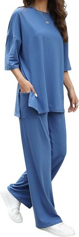 Womens 2 Piece Outfits Short Sleeve Set Wide Leg Pants Casual Trendy Pullover Lounge Set in Saudi Arabia