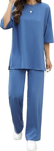Womens 2 Piece Outfits Short Sleeve Set Wide Leg Pants Casual Trendy Pullover Lounge Set in Saudi Arabia