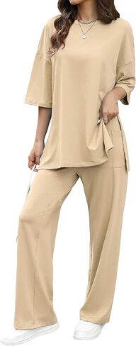 Womens 2 Piece Outfits Short Sleeve Set Wide Leg Pants Casual Trendy Pullover Lounge Set in Saudi Arabia