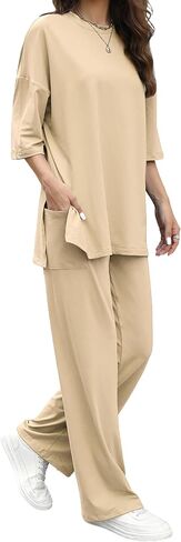 Womens 2 Piece Outfits Short Sleeve Set Wide Leg Pants Casual Trendy Pullover Lounge Set in Saudi Arabia