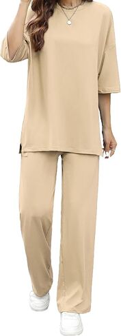 Womens 2 Piece Outfits Short Sleeve Set Wide Leg Pants Casual Trendy Pullover Lounge Set in Saudi Arabia