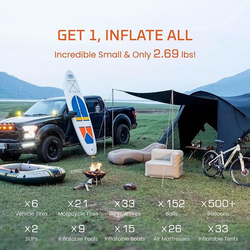 Tire Inflator Portable Air Compressor Paddle Board Pump, 10-in-1 150PSI Electric Air Pump for Car Tires, SUP Pump of 2 Stage Inflation & Auto-Off, for Car, Paddle Board, Inflatable Boat, Bike in Saudi Arabia