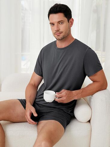 Men's Lounge Wear Set with Underwear, Round-Neck Top and Short Sleep Pajama Set - Comfortable Loungewear for Men in Saudi Arabia