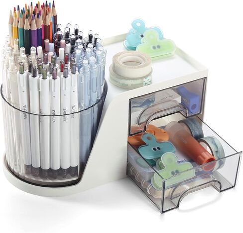 Desk Organizer with 2 Drawer,Multi-Functional 360° Rotating Pencil Pen Holder for Desk,Accessories with 6 Slots Pen Organizer + 2 Drawer Desktop Organizer for Office Home Art (White) in Saudi Arabia