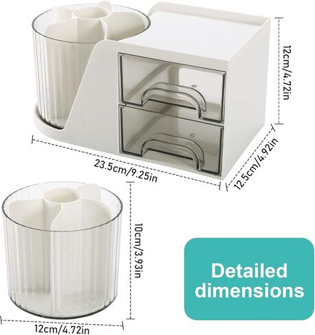 Desk Organizer with 2 Drawer,Multi-Functional 360° Rotating Pencil Pen Holder for Desk,Accessories with 6 Slots Pen Organizer + 2 Drawer Desktop Organizer for Office Home Art (White) in Saudi Arabia