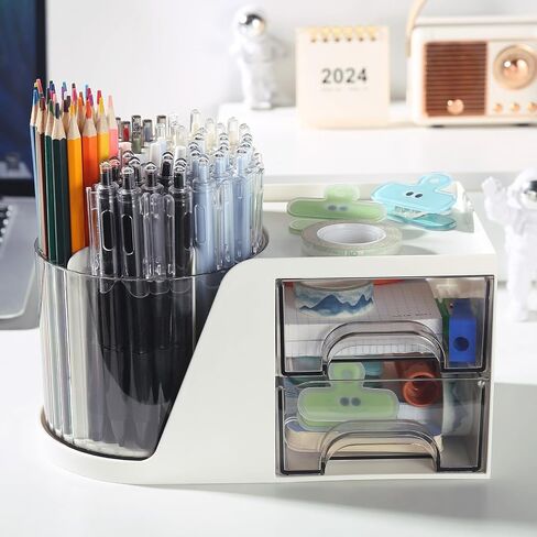 Desk Organizer with 2 Drawer,Multi-Functional 360° Rotating Pencil Pen Holder for Desk,Accessories with 6 Slots Pen Organizer + 2 Drawer Desktop Organizer for Office Home Art (White) in Saudi Arabia