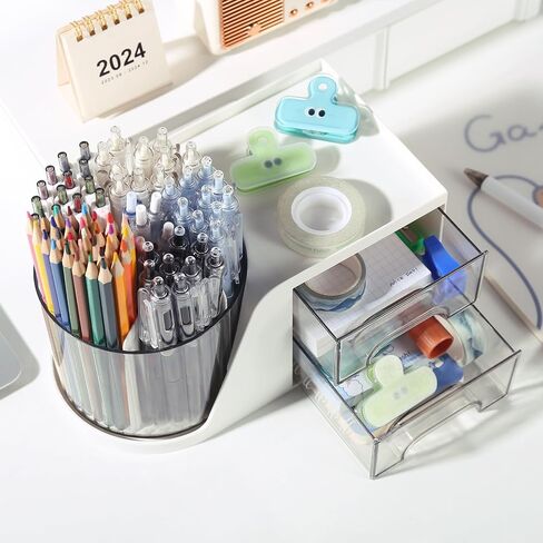 Desk Organizer with 2 Drawer,Multi-Functional 360° Rotating Pencil Pen Holder for Desk,Accessories with 6 Slots Pen Organizer + 2 Drawer Desktop Organizer for Office Home Art (White) in Saudi Arabia