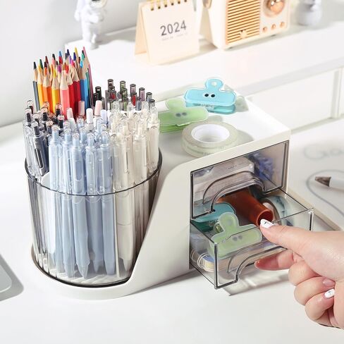 Desk Organizer with 2 Drawer,Multi-Functional 360° Rotating Pencil Pen Holder for Desk,Accessories with 6 Slots Pen Organizer + 2 Drawer Desktop Organizer for Office Home Art (White) in Saudi Arabia