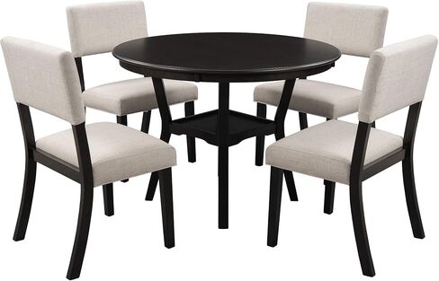 5-Piece Round, Bottom Shelf, and 4 Upholstered Chairs, Dining Table Furniture Set for Kitchen, Natural Wood Wash in Kuwait