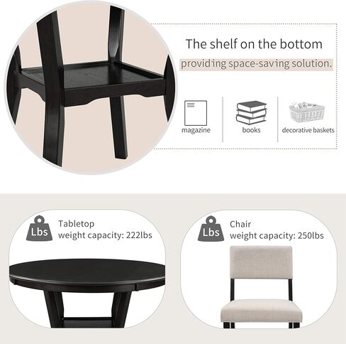 5-Piece Round, Bottom Shelf, and 4 Upholstered Chairs, Dining Table Furniture Set for Kitchen, Natural Wood Wash in Kuwait