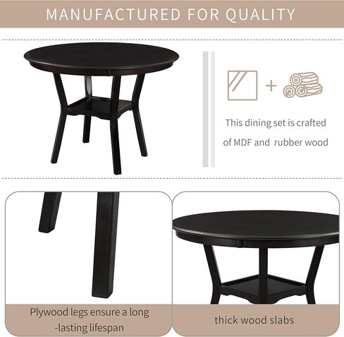 5-Piece Round, Bottom Shelf, and 4 Upholstered Chairs, Dining Table Furniture Set for Kitchen, Natural Wood Wash in Kuwait