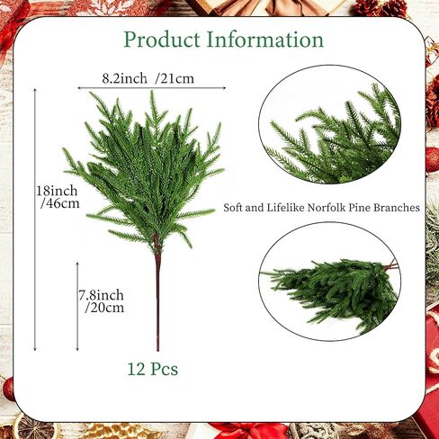 12 قطعة من فروع الصنوبر نورفولك الاصطناعية مقاس 45.72 سم نباتات بلاستيكية لعيد الميلاد ديكور سيقان خضراء صناعية من الصنوبر نباتات صناعية خارجية مقاومة للأشعة فوق البنفسجية لعيد الميلاد في الأماكن المغلقة، ديكور منزلي للشرفة الأمامية (12، 18 بوصة) in Kuwait