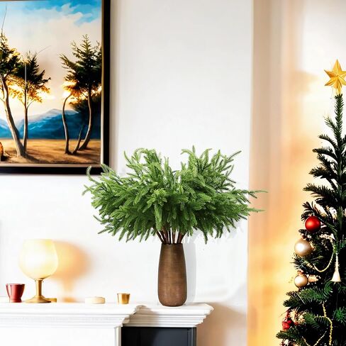 12 قطعة من فروع الصنوبر نورفولك الاصطناعية مقاس 45.72 سم نباتات بلاستيكية لعيد الميلاد ديكور سيقان خضراء صناعية من الصنوبر نباتات صناعية خارجية مقاومة للأشعة فوق البنفسجية لعيد الميلاد في الأماكن المغلقة، ديكور منزلي للشرفة الأمامية (12، 18 بوصة) in Kuwait