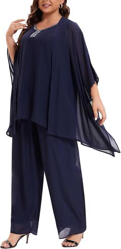 Plus Size Mother of Bride Pant Suits 3 Piece Chiffon Party Sets Handmade Sequins Wedding Guest Outfit in Saudi Arabia