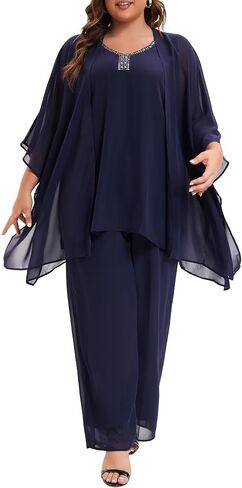 Plus Size Mother of Bride Pant Suits 3 Piece Chiffon Party Sets Handmade Sequins Wedding Guest Outfit in Saudi Arabia
