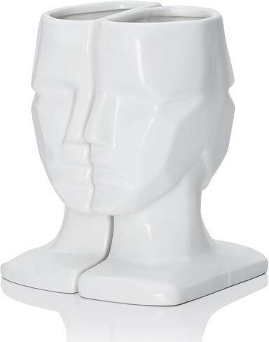 Black Face Bookends Vase Set, 7 Inch Ceramic Black Vase(Set of 2) Cool Decorative Bookends Objects for Bookshelf, Black Accent Bookshelf Decor Items, 7×5.5×2.75, Black (1 Pair/2 Pieces) in Saudi Arabia