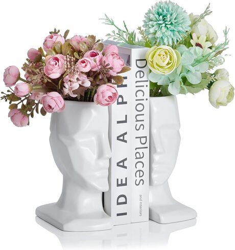 Black Face Bookends Vase Set, 7 Inch Ceramic Black Vase(Set of 2) Cool Decorative Bookends Objects for Bookshelf, Black Accent Bookshelf Decor Items, 7×5.5×2.75, Black (1 Pair/2 Pieces) in Saudi Arabia