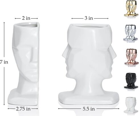 Black Face Bookends Vase Set, 7 Inch Ceramic Black Vase(Set of 2) Cool Decorative Bookends Objects for Bookshelf, Black Accent Bookshelf Decor Items, 7×5.5×2.75, Black (1 Pair/2 Pieces) in Saudi Arabia