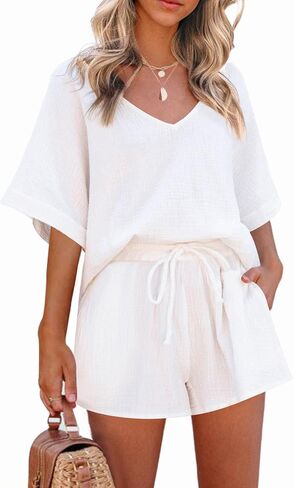 Zeagoo Women's 2 Piece Cotton Linen Tracksuit Short Sleeve Casual Shorts Set V Neck Beach Outfits in Saudi Arabia