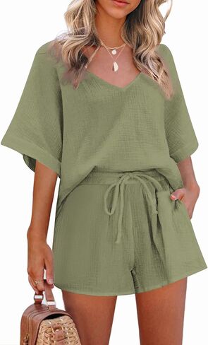 Zeagoo Women's 2 Piece Cotton Linen Tracksuit Short Sleeve Casual Shorts Set V Neck Beach Outfits in Saudi Arabia