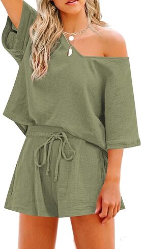 Zeagoo Women's 2 Piece Cotton Linen Tracksuit Short Sleeve Casual Shorts Set V Neck Beach Outfits in Saudi Arabia